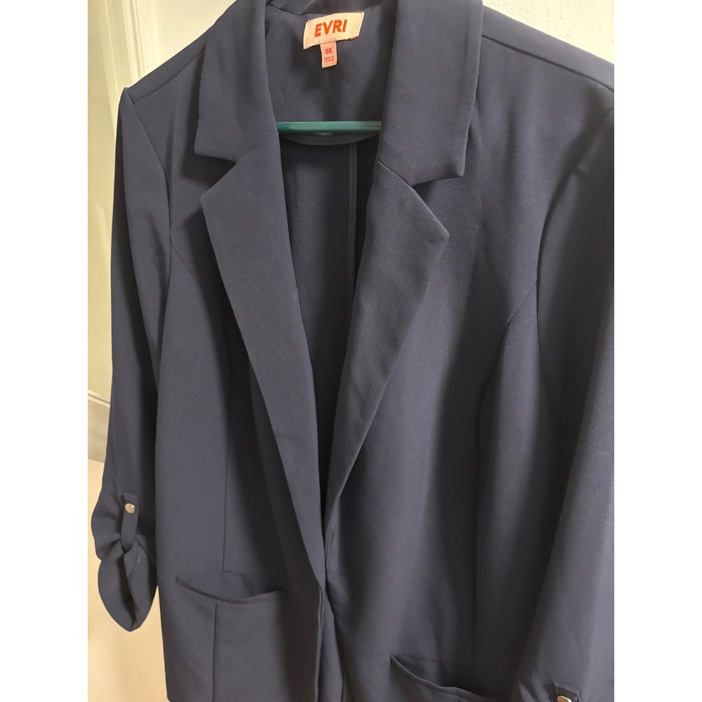 EVRI Womens Navy Blue Open Front Roll Tab Sleeve Blazer Jacket Size 0X